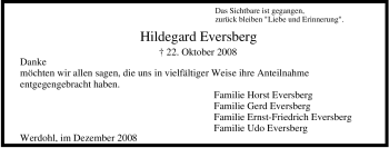 Traueranzeige von Hildegard Eversberg