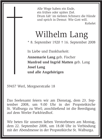 Traueranzeige von Wilhelm Lang