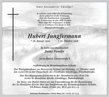 Traueranzeige von Hubert Jungfermann