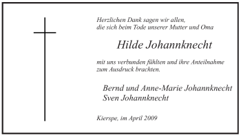 Traueranzeige von Hilde Johannknecht
