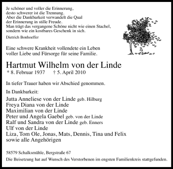 Traueranzeige von Hartmut Wilhelm Linde