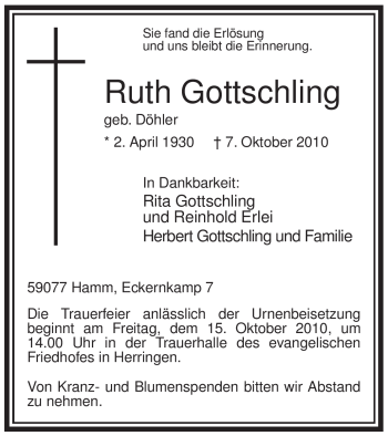 Traueranzeige von Ruth Gottschling