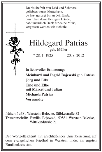 Traueranzeige von Hildegard Patrias