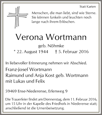 Traueranzeige von Verona Wortmann