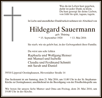 Traueranzeige von Hildegard Sauermann