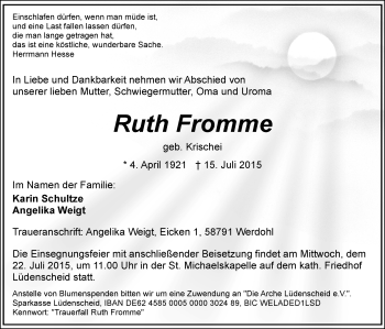 Traueranzeige von Ruth Fromme