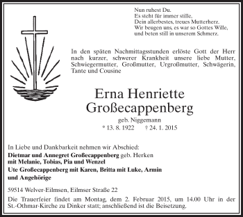 Traueranzeige von Erna Henriette Großecappenberg