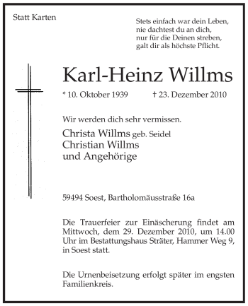 Traueranzeige von Karl-Heinz Willms