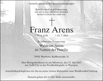 Traueranzeige von Franz Arens