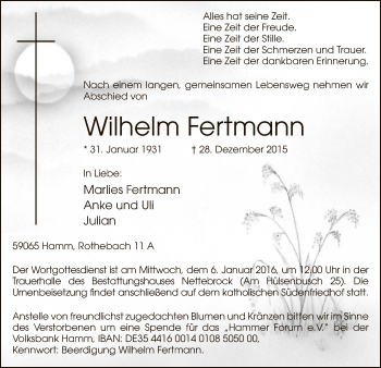 Traueranzeige von Wilhelm Fertmann