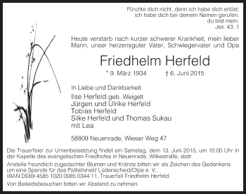 Traueranzeige von Friedhelm Herfeld