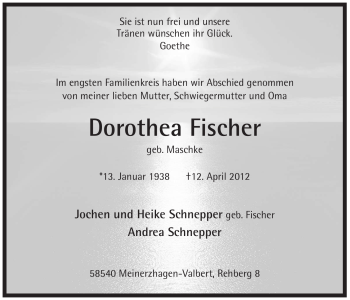 Traueranzeige von Dorothea Fischer
