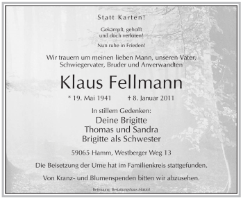 Traueranzeige von Klaus Fellmann