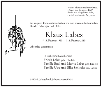Traueranzeige von Klaus Labes
