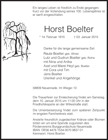 Traueranzeige von Horst Boelter