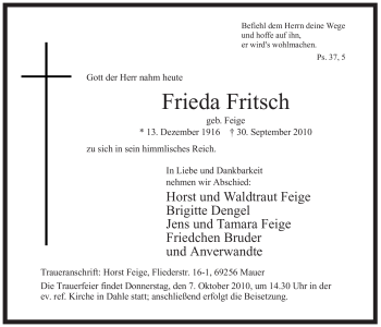 Traueranzeige von Frieda Fritsch