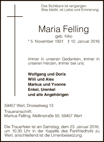 Traueranzeige von Maria Felling