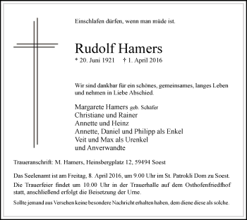 Traueranzeige von Rudolf Hamers