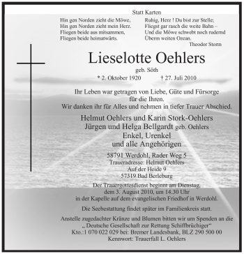 Traueranzeige von Lieselotte Oehlers