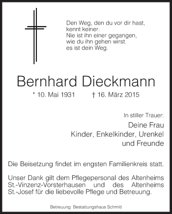 Traueranzeige von Bernhard Dieckmann