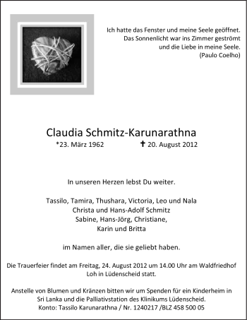 Traueranzeige von Claudia Schmitz-Karunarathna