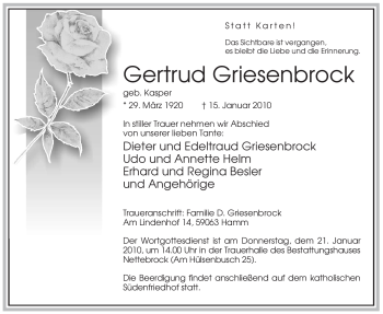 Traueranzeige von Gertrud Griesenbrock