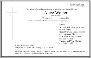 Traueranzeige von Alice Wolter