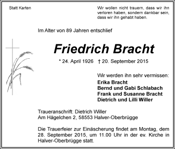 Traueranzeige von Friedrich Bracht