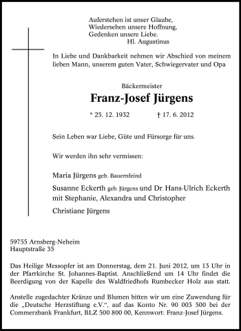 Traueranzeige von Franz-Josef Jürgens