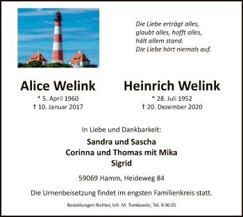 Traueranzeige von Alice und Heinrich Welink