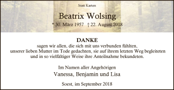 Traueranzeige von Beatrix Wolsing