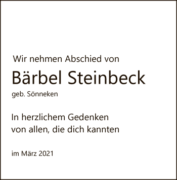 Traueranzeige von Bärbel Steinbeck