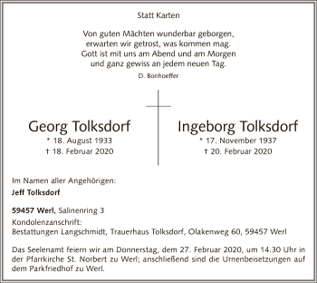 Traueranzeige von Georg und Ingeborg Tolksdorf