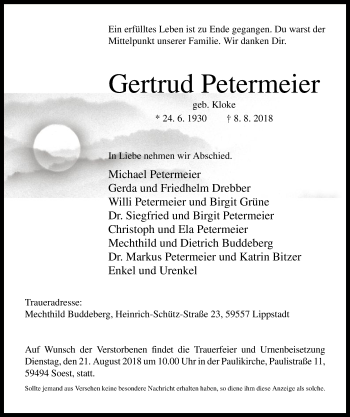 Traueranzeige von Gertrud Petermeier