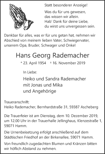 Traueranzeige von Hans Georg Rademacher