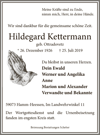 Traueranzeige von Hildegard Kettermann