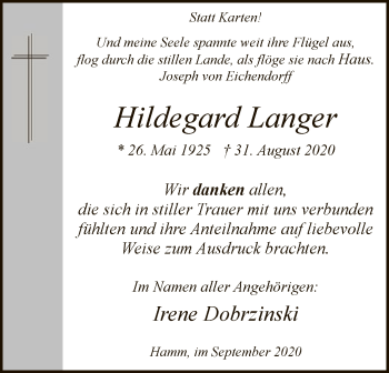 Traueranzeige von Hildegard Langer