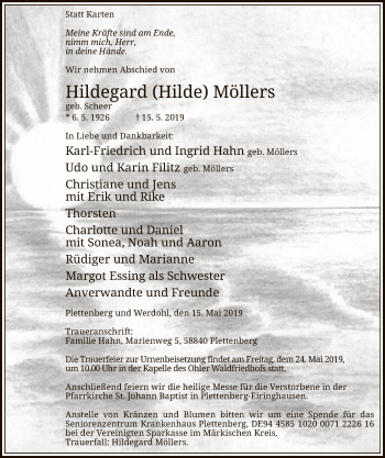 Traueranzeige von Hildegard Möllers