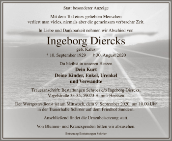 Traueranzeige von Ingeborg Diercks