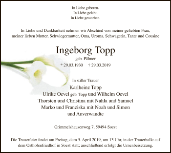 Traueranzeige von Ingeborg Topp