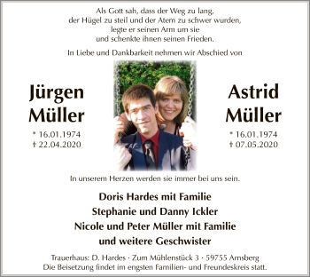 Traueranzeige von Jürgen und Astrid Müller