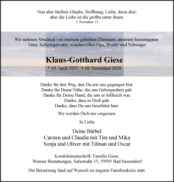 Traueranzeige von Klaus-Gotthard Giese