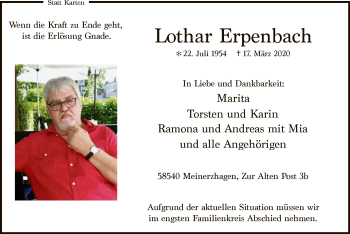 Traueranzeige von Lothar Erpenbach