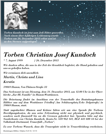 Traueranzeige von Torben Christian Josef Kundoch