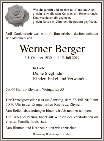 Traueranzeige von Werner Berger