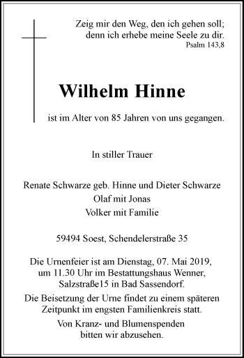 Traueranzeige von Wilhelm Hinne