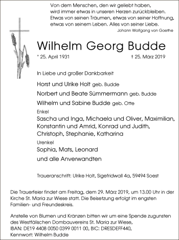Traueranzeige von Wilhelm Georg Budde
