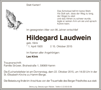 Traueranzeige von Hildegard Laudwein