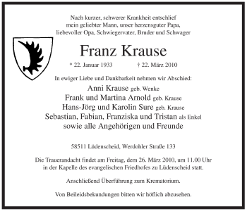 Traueranzeige von Franz Krause