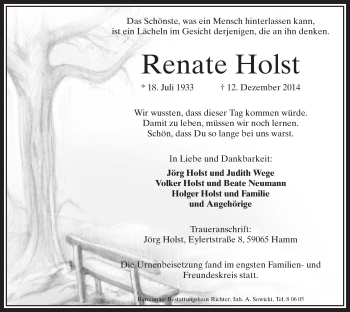 Traueranzeige von Renate Holst